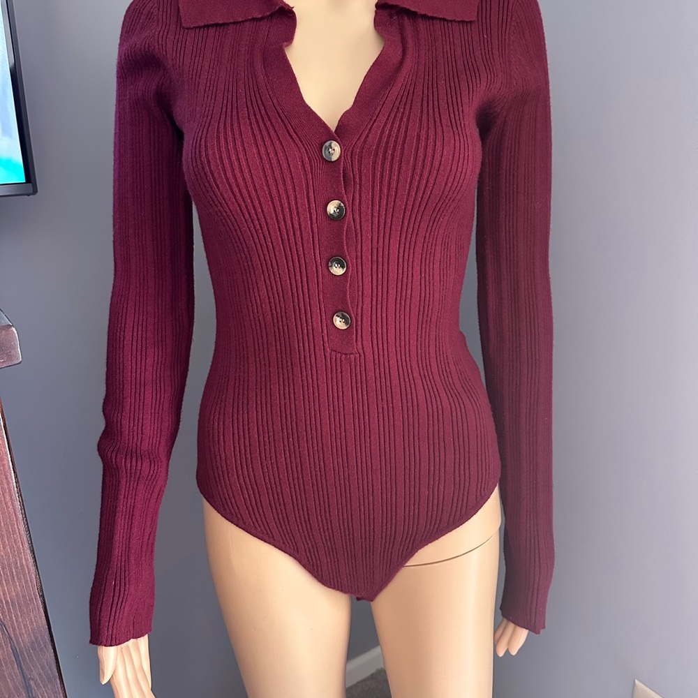 Lulu's Burgundy Ribbed Button-Up Bodysuit